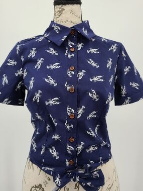 Collectif 100% Cotton Blue Cropped Lobster Print Button-Up Tie Front Top Size M